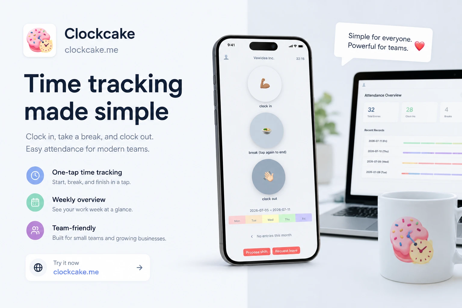 Clockcake — Tidsregistrering, der bare virker